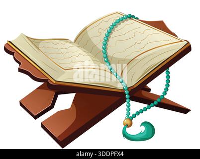 Open Holy Quran resting on a carved wooden rehal stand, draped with turquoise prayer beads, isolated vector illustration Stock Vector