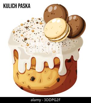 Traditional Russian Orthodox Easter Kulich Bread with white icing and macaroon toppings, isolated. Vector Illustration for spring religious festivals. Stock Vector