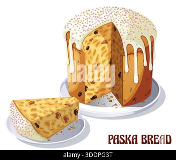 Traditional Ukrainian Easter Paska Bread Cake with Dripping Sugar Icing and Colorful Sprinkles, Orthodox Holiday Dessert with Slice on Plate Stock Vector