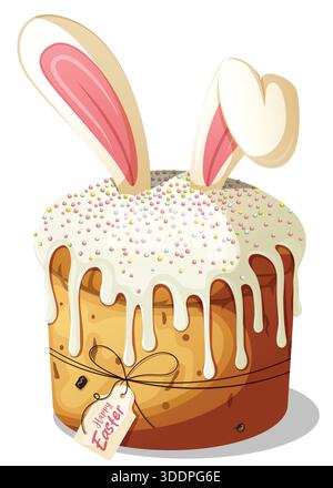 Cute Easter Paska Bread Cake with Bunny Ears, Dripping Sugar Icing, Happy Easter Tag, and Colorful Sprinkles, Traditional Holiday Dessert Illustration Stock Vector