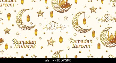 Gold Ramadan Kareem & Mubarak Seamless Islamic Ivory Background Pattern with Arabic Calligraphy, Crescent Moon, Mosque, Stars and Lantern Motifs Stock Vector
