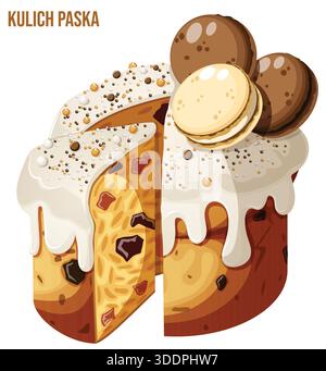 Sliced Kulich Paska Easter Bread with white icing, macaroons and sprinkles. A traditional Orthodox festive fruit cake isolated Stock Vector
