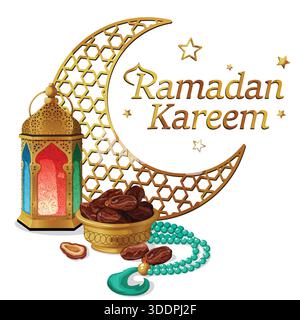 Ramadan Kareem Islamic Holiday Illustration with Golden Crescent Moon, Traditional Lantern, Dates, Prayer Beads and Decorative Stars Stock Vector