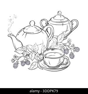 Blackberry Tea in Teapot Outline Illustration. Stock Vector