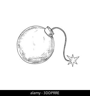 Vector burning bomb. Hand painted linear depicting explosives and detonation illustration. Graphic monochrome sketch isolated on background. For Stock Vector