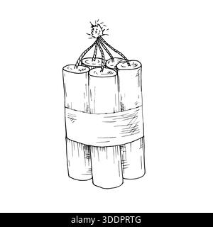 Vector burning bomb. Hand painted linear depicting explosives and detonation illustration. Graphic monochrome sketch isolated on background. For Stock Vector
