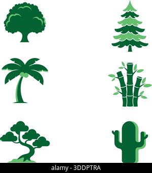 Flat Green Tree and Plant Silhouette Vector Icons Set: Oak, Pine, Palm, Bamboo, Bonsai, and Cactus Nature Graphics for Environmental Design. Stock Vector