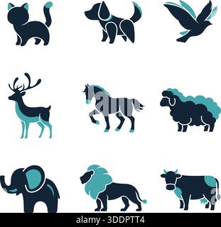 Animals Silhouette Icons Vector Set: Stylized Minimalist Pet and Wildlife Graphics Including Lion, Elephant, Dog, Cat, Horse, and Farm Animals. Stock Vector