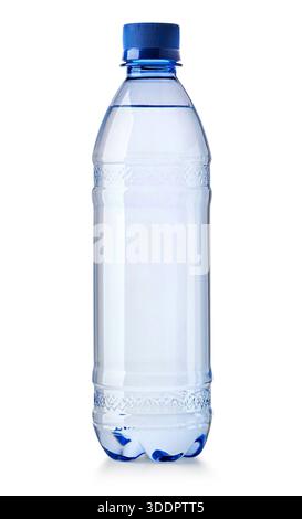 Plastic bottle containing pure refreshing liquid water with a blue cap on a white background Stock Photo