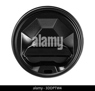 Black disposable plastic lid for a hot drink creating a takeout beverage mockup, transparent background Stock Photo
