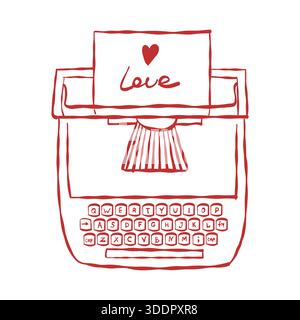 Vector linear illustration of an old typewriter. Vintage red outline clipart for Valentine's Day and weddings. The inscription Love Stock Vector
