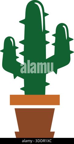 A geometric green cactus with arms growing in a terracotta pot in a flat graphic style. Stock Vector