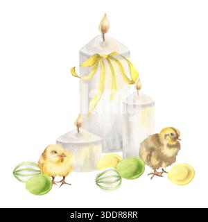 Yellow Easter cute chicks, colorful eggs and white candles watercolor illustration. Hand drawn Happy Easter clipart with wax candles,farm birds and co Stock Photo