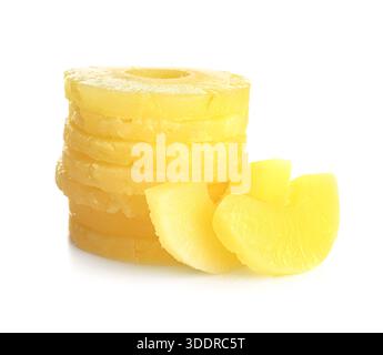 Canned pineapple rings on white background Stock Photo