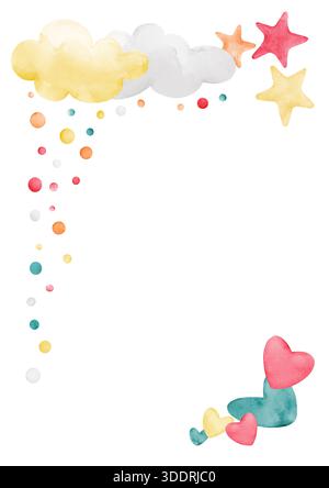 A vertical cartoon-style frame for a children's birthday invitation. Clouds, stars, hearts, and colorful dots. Hand-painted watercolor illustration fo Stock Photo