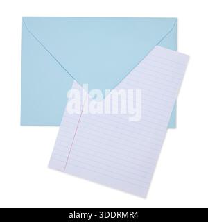 Blue envelope holding a sheet of lined paper, inviting written communication and messages. Top view, isolated on a white background. Stock Photo