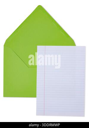 Green envelope and blank lined note paper on a white surface for writing communication. Top view, isolated on a white background. Stock Photo