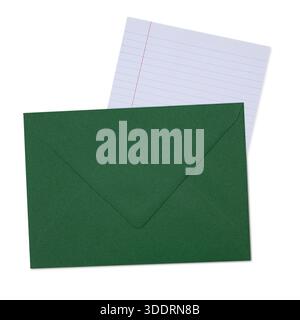 Green envelope with lined paper revealing a communication concept. Top view, isolated on a white background. Stock Photo