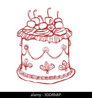 Wedding or birthday cake with red cherries. Celebratory cake. Hand-drawn vector romantic sketch-style illustration. Stock Vector