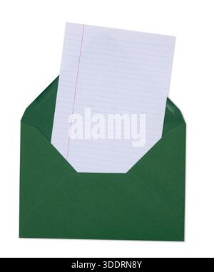 Green envelope with an open flap revealing a blank sheet of lined paper, symbolizing communication. Top view, isolated on a white background. Stock Photo