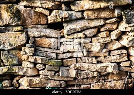 Natural moss covered stone wall texture in winter light, rustic background for design, eco and organic concepts Stock Photo