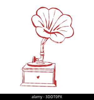Vector outline of an old vintage gramophone, isolated object. Red lines, white background. Vector outline retro illustration of a musical instrument. Stock Vector