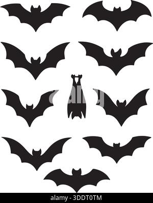 Collection of Black Bat Silhouettes in Various Poses on White Background Stock Vector