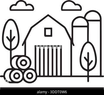 Farm Line Art Illustration with Barn, Silos, Trees, and Hay Bales Vector Illustration Stock Vector
