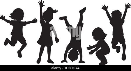 Playful Children Silhouettes Set in Various Poses Vector Illustration Stock Vector