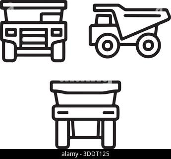 Line drawing big construction mining dump truck icons set side, front and back views vector art illustration Stock Vector