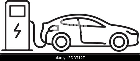 Minimalist Line Drawing of Electric Car Charging at EV Station Vector Illustration Stock Vector