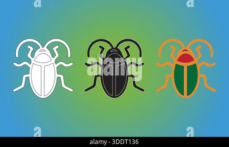 Three Variations of a Stylized Beetle Icon: White, Black, and Multi-Colored Stock Vector