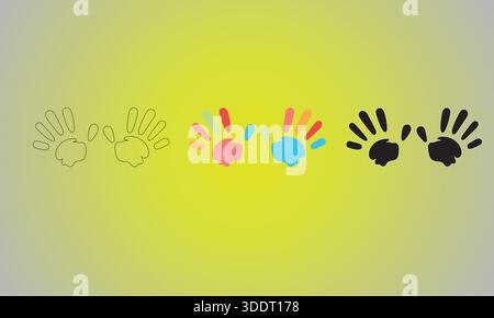 Illustration of three different styles of handprints: outline, multicolored, and solid black. Stock Vector