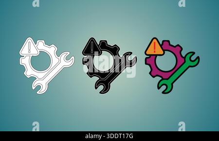 Three Variations of a Gear, Wrench, and Warning Sign Icon Stock Vector