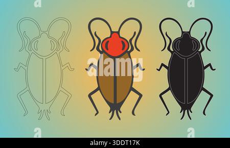 Three Variations of a Beetle Illustration: Outline, Colored, and Silhouette Stock Vector