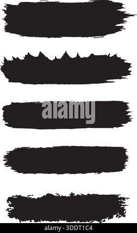 Set of Five Black Brush Stroke Vector Illustrations Stock Vector