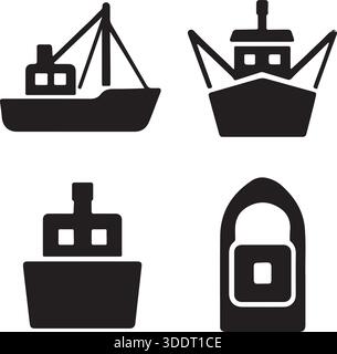 Fishing Ship Silhouette Icons Set Side, Front, Back, and Top Views Vector Illustration Stock Vector