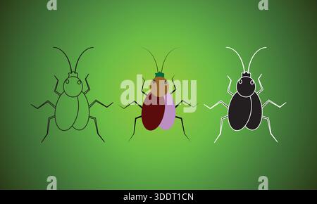 Three Variations of a Cartoon Beetle: Outline, Colored, and Silhouette Stock Vector