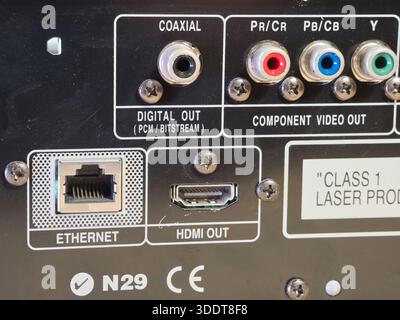 Detailed View of AV Receiver Back Panel Ports; Close-up of the rear connection panel on an audio/video component, showing HDMI, Ethernet, Coaxial, and Stock Photo