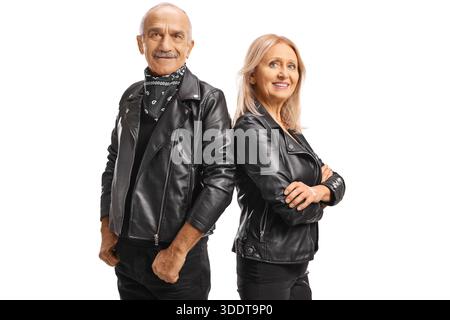 Mature man and woman in black leather jackets isolated on white background Stock Photo