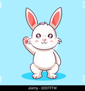 Cute White Bunny Waving Hello Vector Illustration Cartoon Design Kawaii Stock Vector