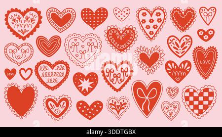 Set of hand drawn decorative hearts with bows, flowers and lace details in cute folk style. Whimsical romantic Valentine elements in red on soft pink Stock Vector