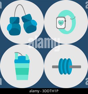 Vector sport fitness pattern clipart with gym elements including gloves, smartwatch, bottle and barbell. Suitable for workout, health and training design. Stock Vector