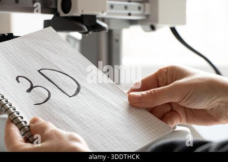 A girl holding a desktop 3D printer and a notebook with the word 3D written on it, modern additive manufacturing technologies Stock Photo