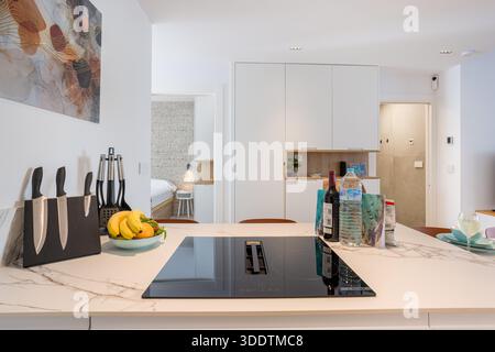 Sleek open-plan kitchen with fruit bowl, wine, water, and tools next to bedroom entrance Stock Photo