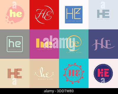 HE logo company template. Letter h and e logotype. Set different classic serif lettering and modern bold text with design elements. Initial font typog Stock Vector