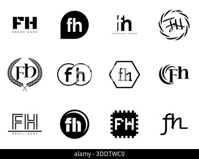 FH logo company template. Letter f and h logotype. Set different classic serif lettering and modern bold text with design elements. Initial font typog Stock Vector
