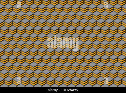 Abstract geometric pattern featuring interlocking gray and gold cubes, creating a dynamic, chevronlike effect. Stock Vector