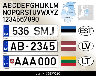 Lithuania, Estonia, Latvia car license plate pattern, baltic states, letters, numbers and symbols, vector illustration, European Union Stock Vector