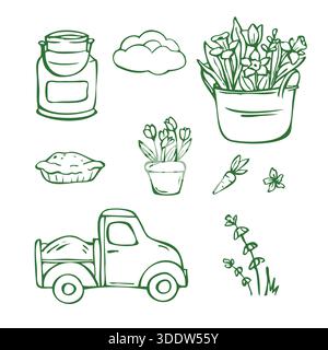 Spring farm collection with rustic doodles Stock Vector